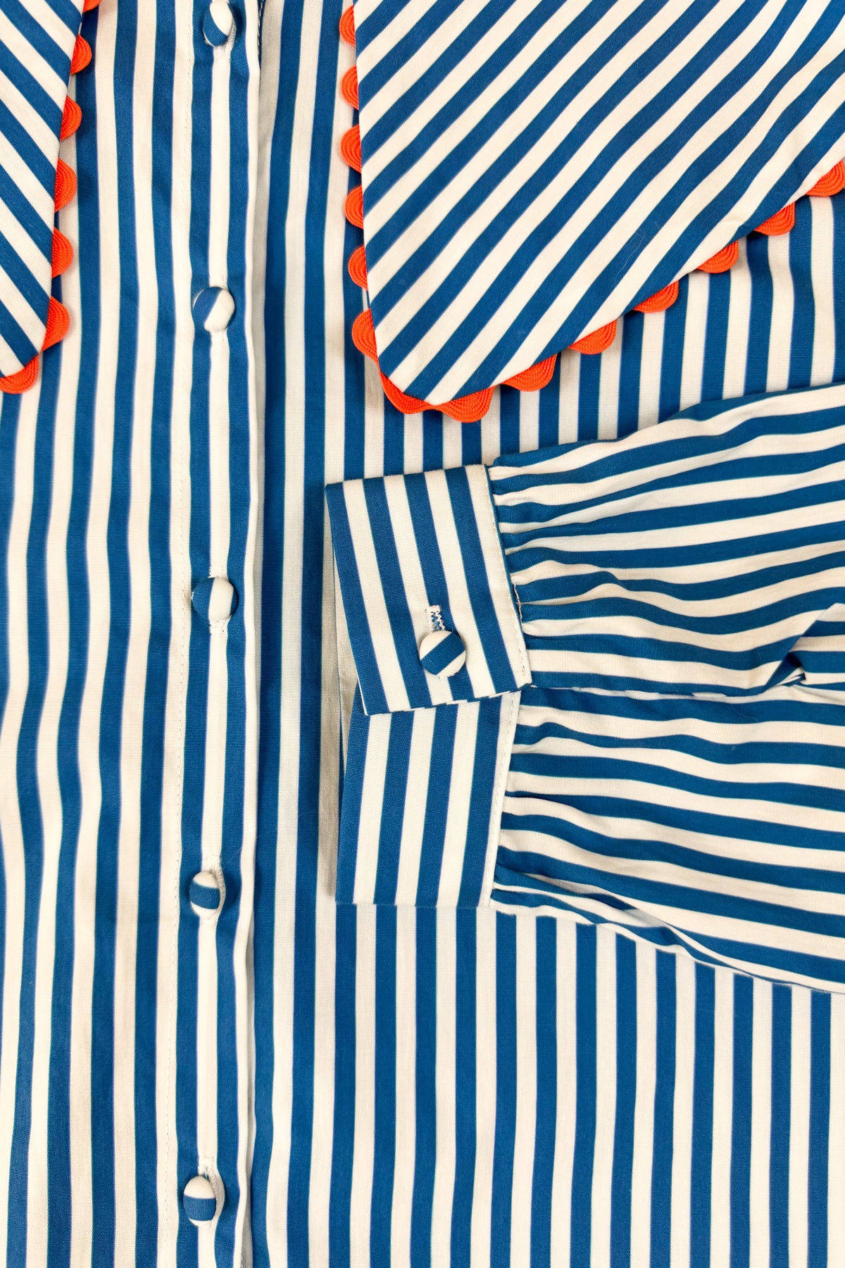 Chemise Alba rayée bleue en coton, galon orange — Bling Paris