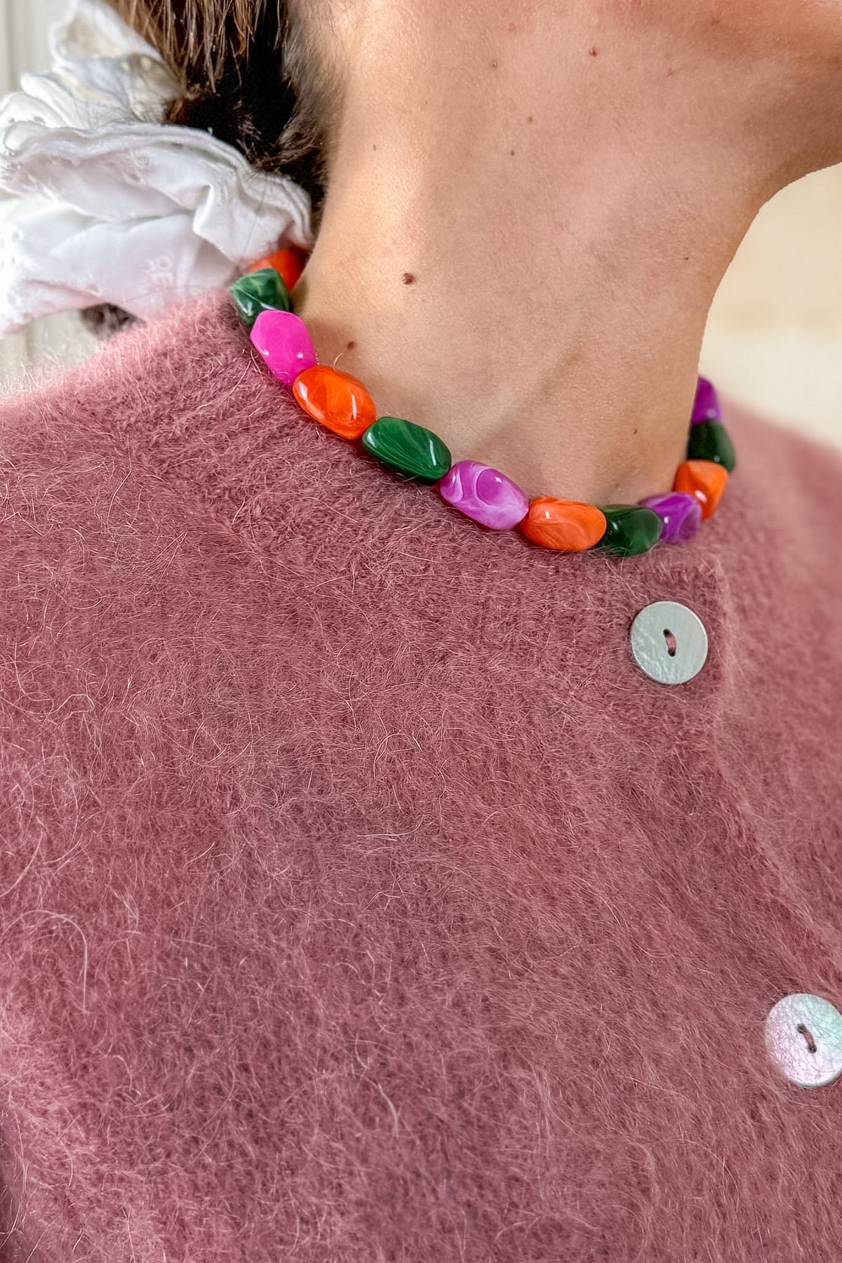 Gilet Alma en mohair rose poudré, boutons nacre — Bling Paris