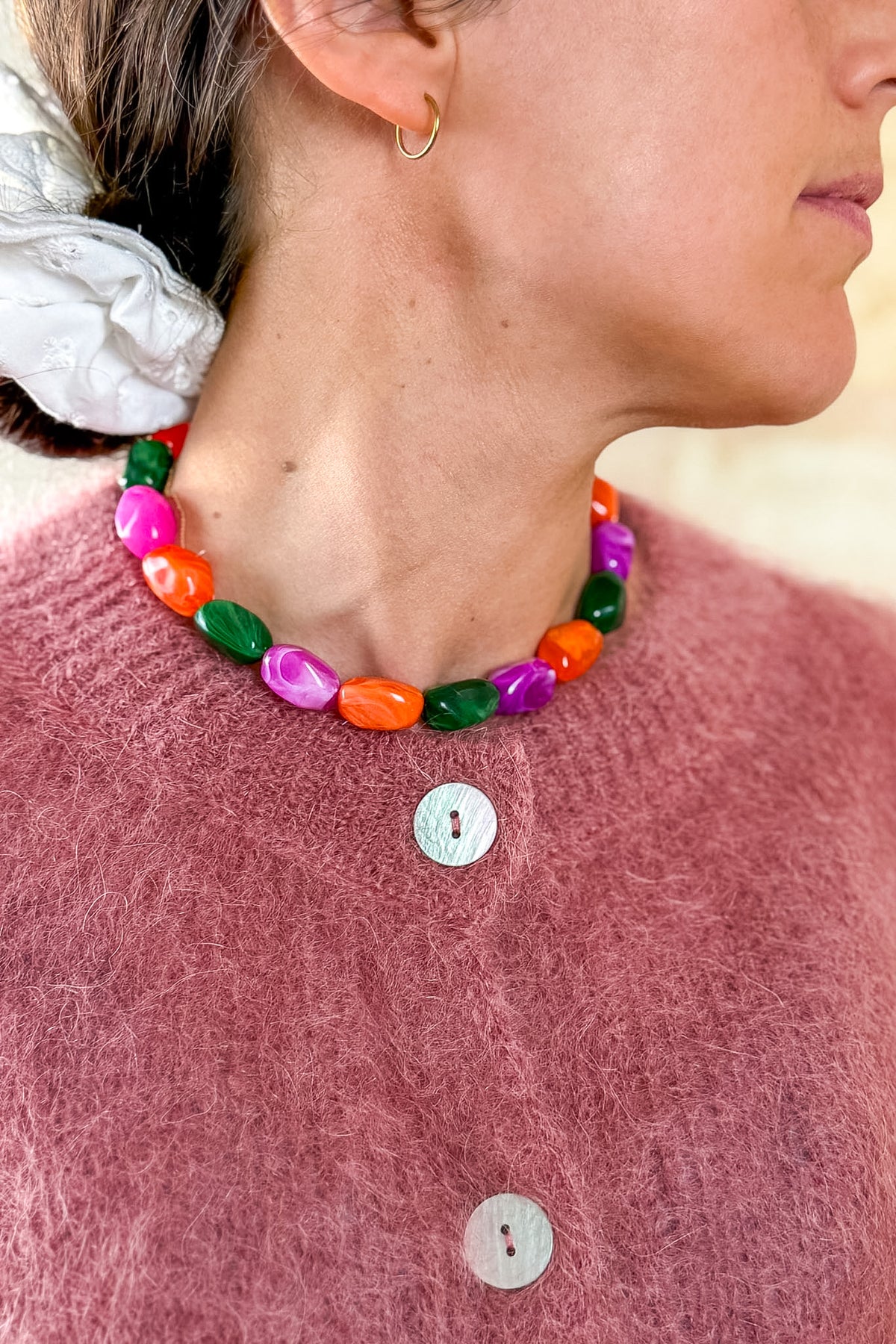 Gilet Alma en mohair rose poudré, boutons nacre — Bling Paris