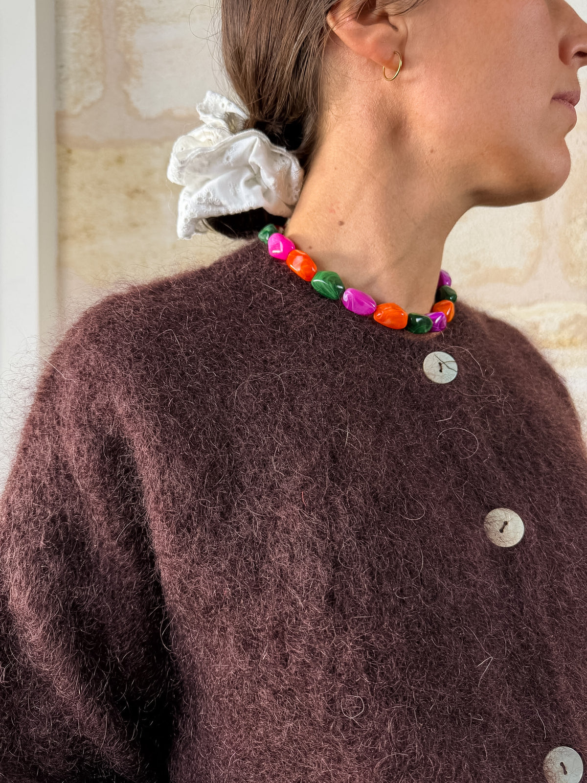 Gilet Alma en mohair chocolat, boutons nacre — Bling Paris