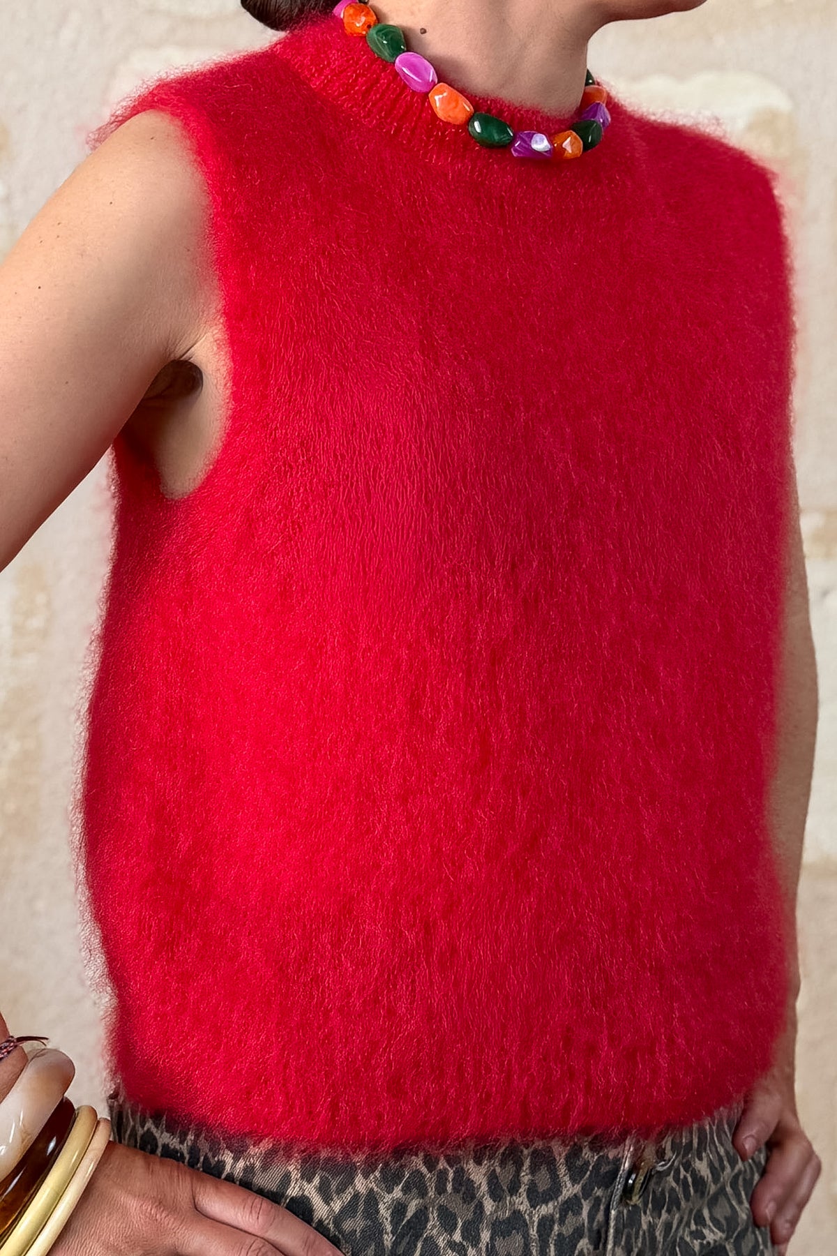 Pull Léo sans manches en mohair rouge vif — Bling Paris