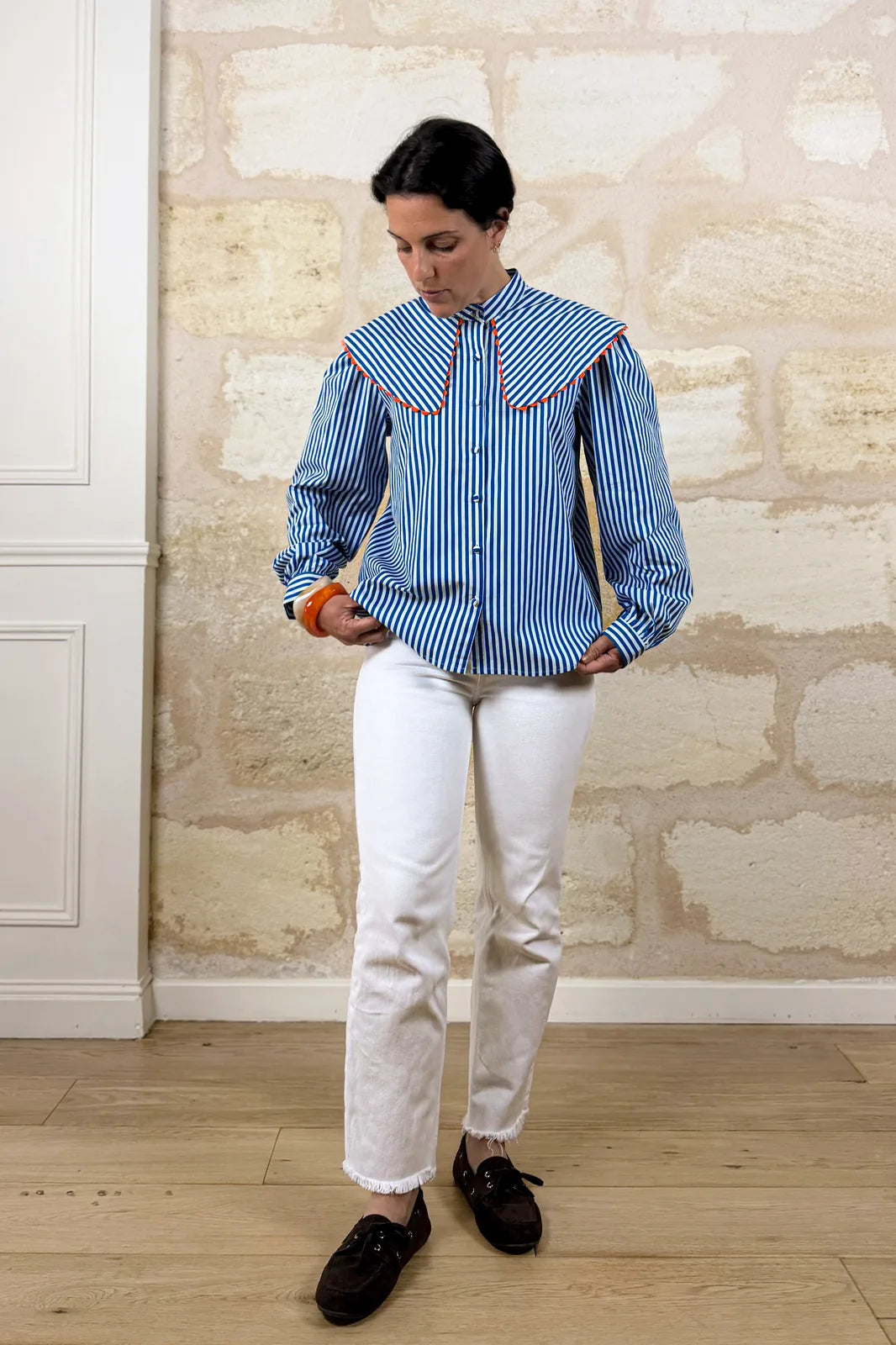 Chemise Alba rayée bleue en coton, galon orange — Bling Paris