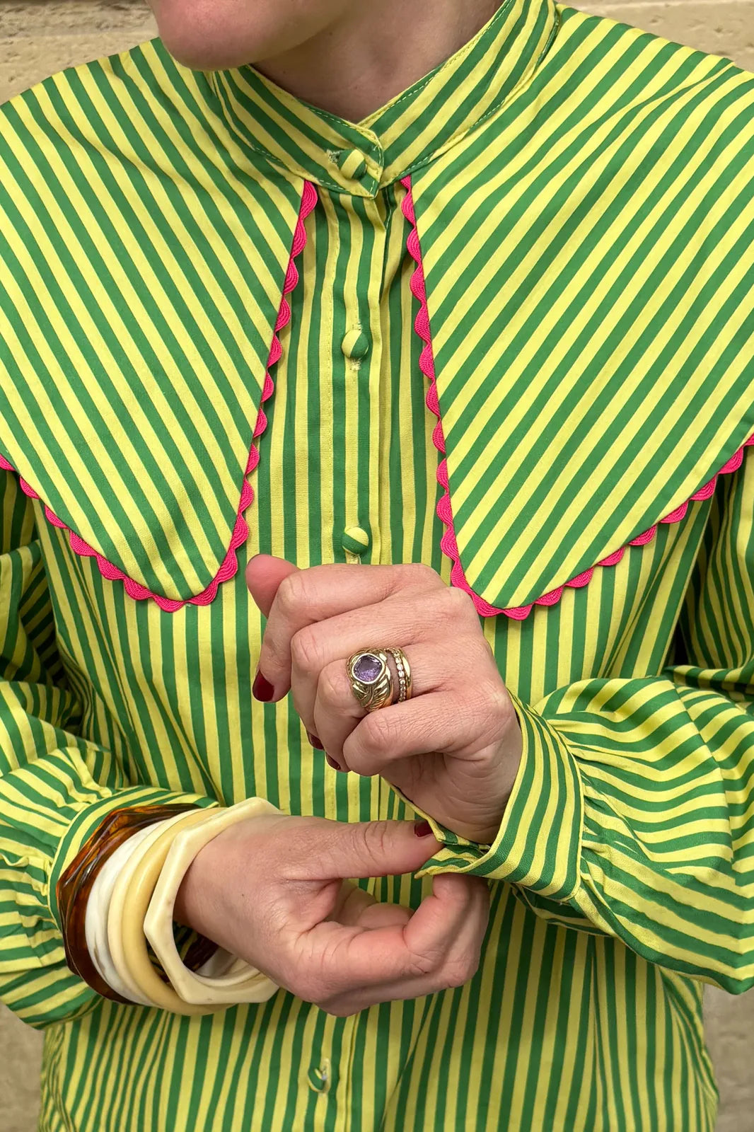 Chemise Alba rayée verte et jaune citron en coton — Bling Paris