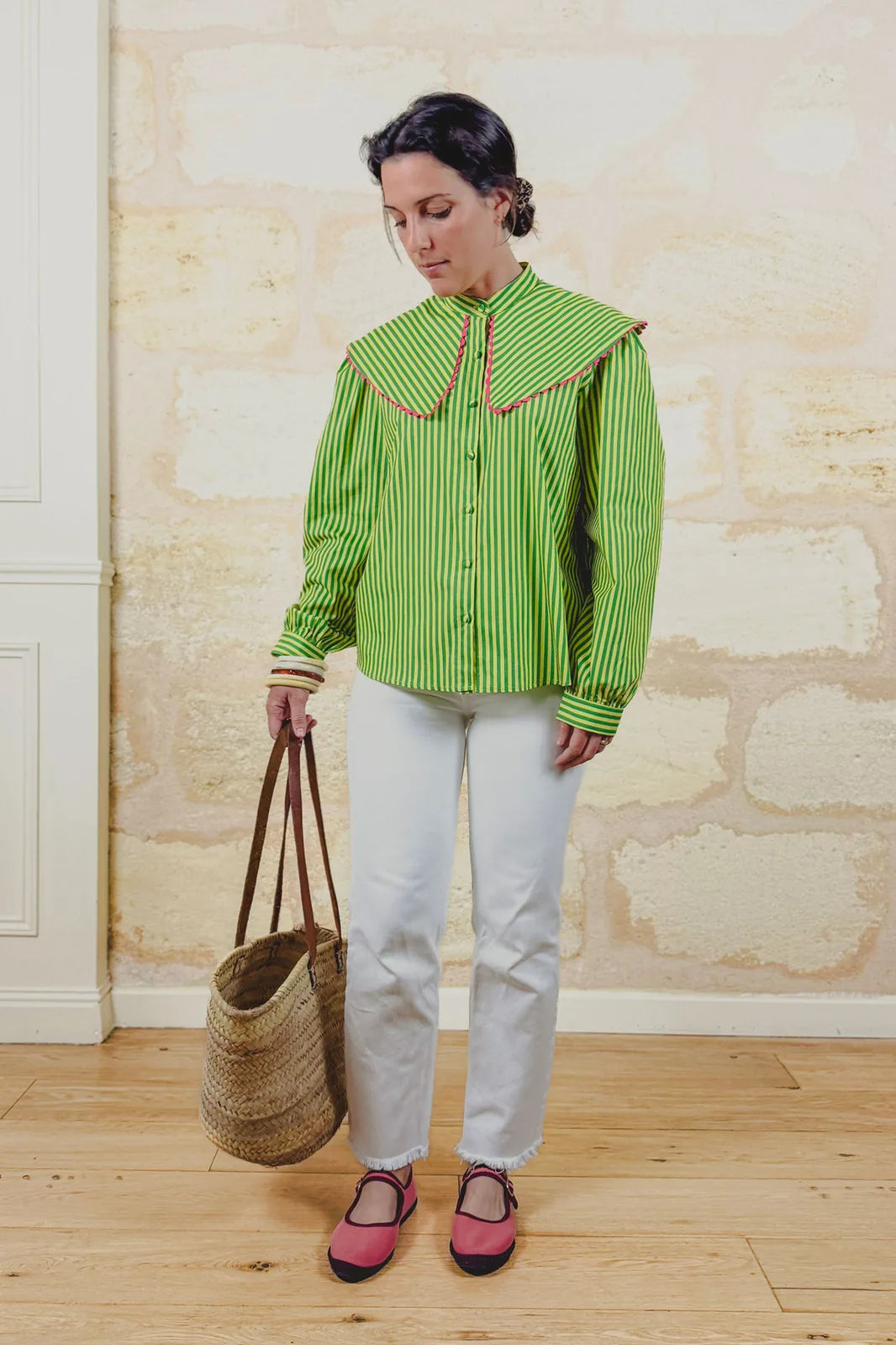 Chemise Alba rayée verte et jaune citron en coton — Bling Paris