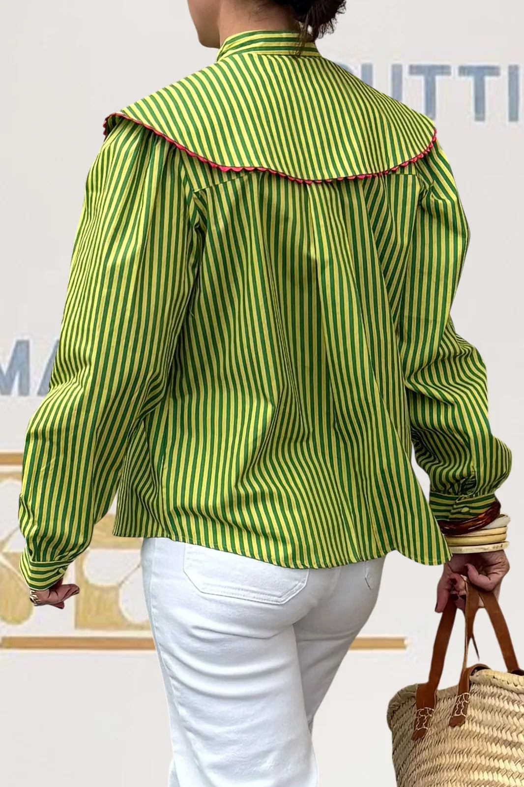Chemise Alba rayée verte et jaune citron en coton — Bling Paris