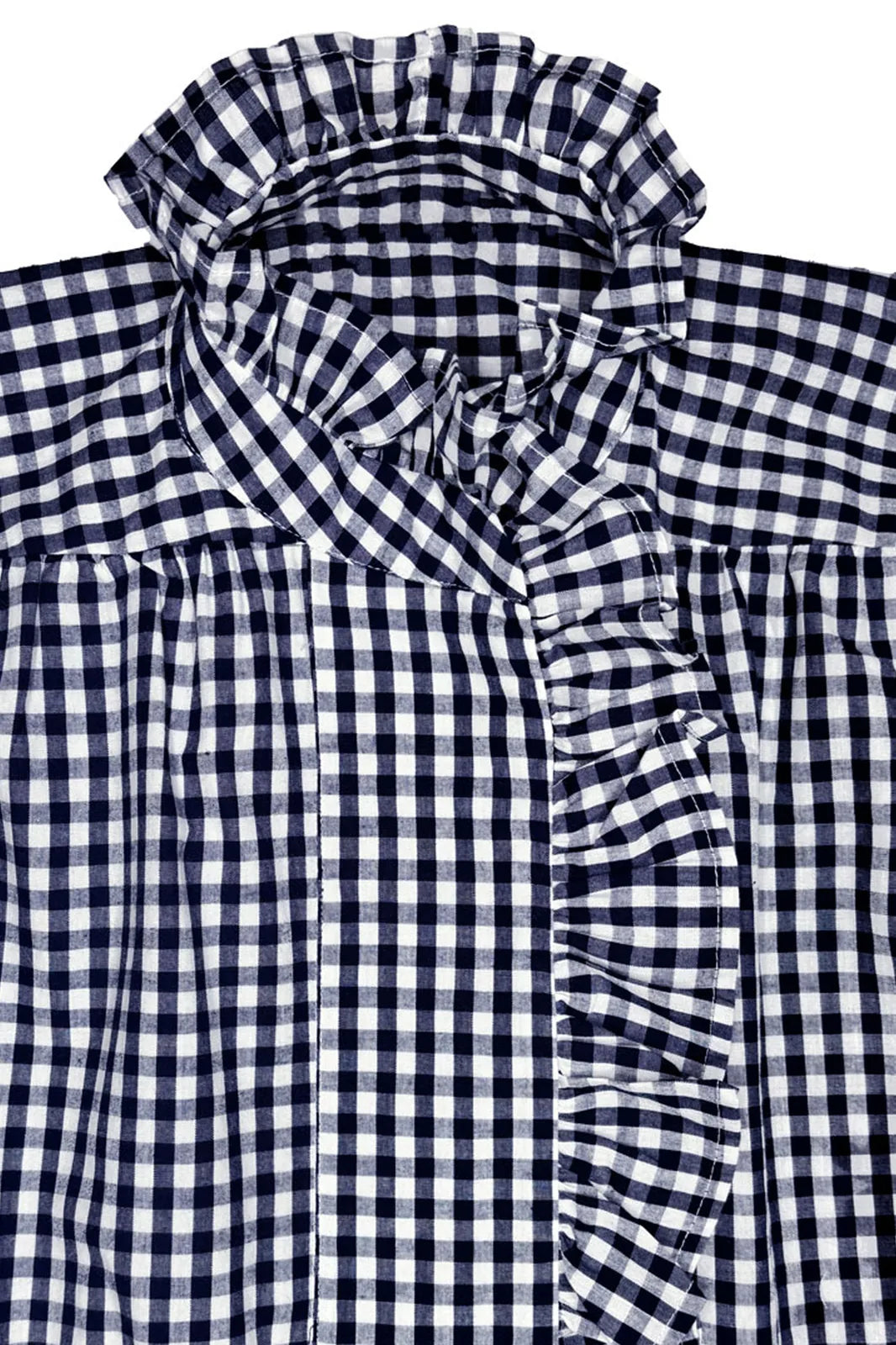 Blouse Jeanne à carreaux vichy marine, col volanté — Bling Paris