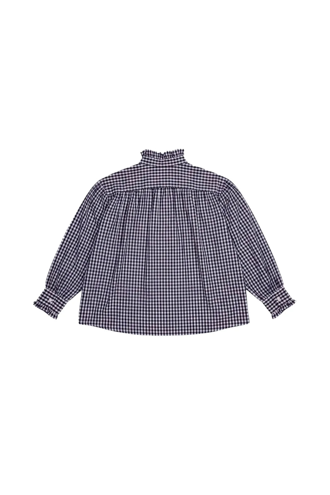 Blouse Jeanne à carreaux vichy marine, col volanté — Bling Paris