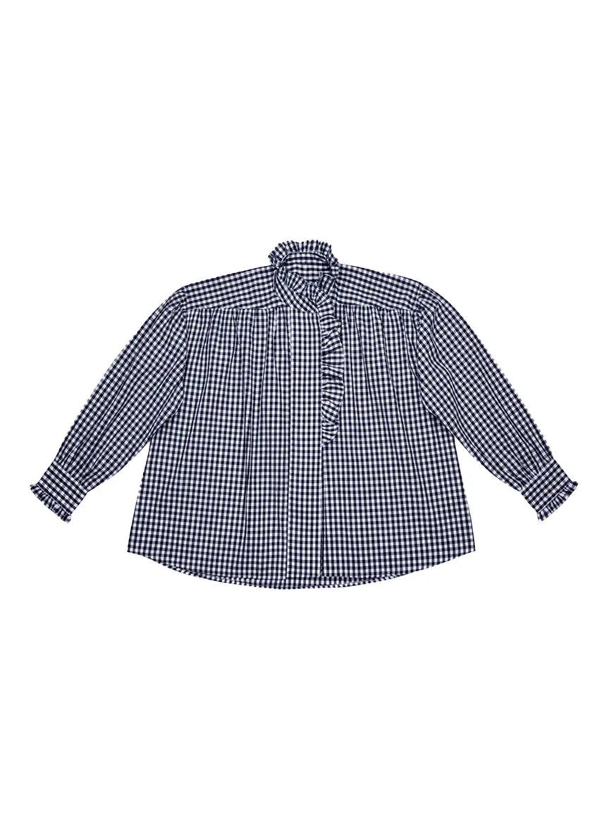 Blouse Jeanne à carreaux vichy marine, col volanté — Bling Paris