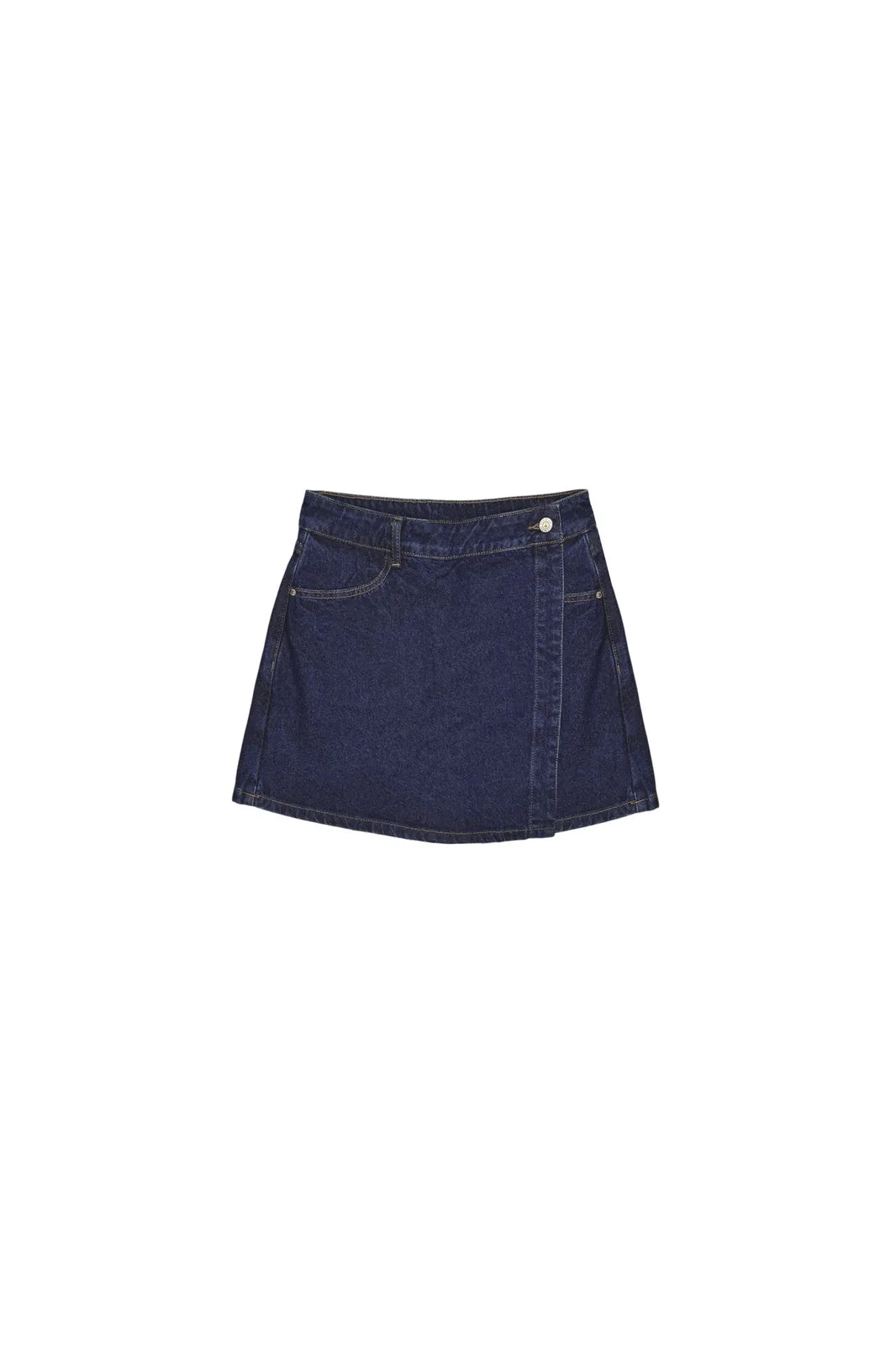 Jupe-short Alix en jean denim brut, coupe portefeuille — Bling Paris