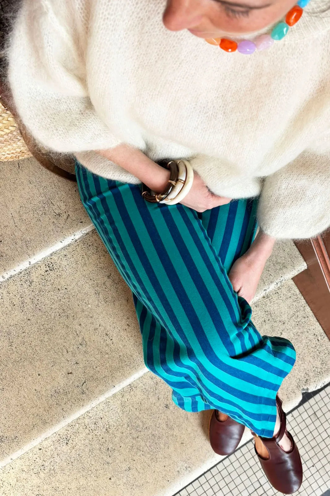 Pantalon Henri à rayures bleues et vertes en coton — Bling Paris