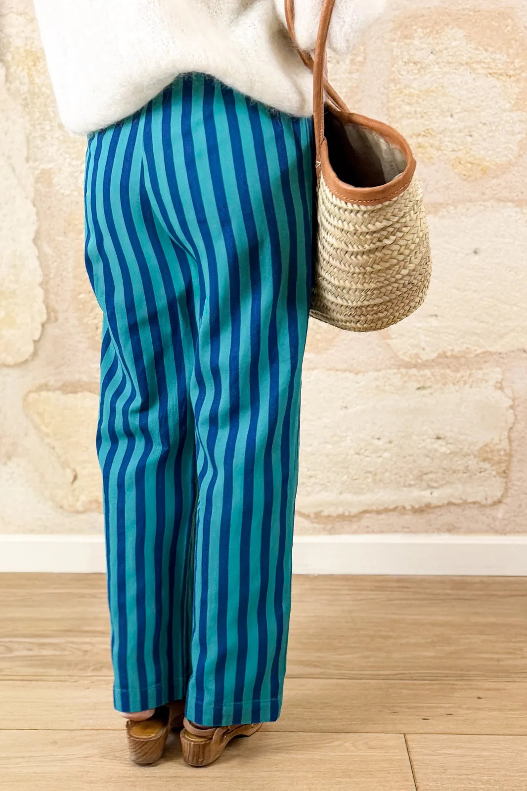 Pantalon Henri à rayures bleues et vertes en coton — Bling Paris