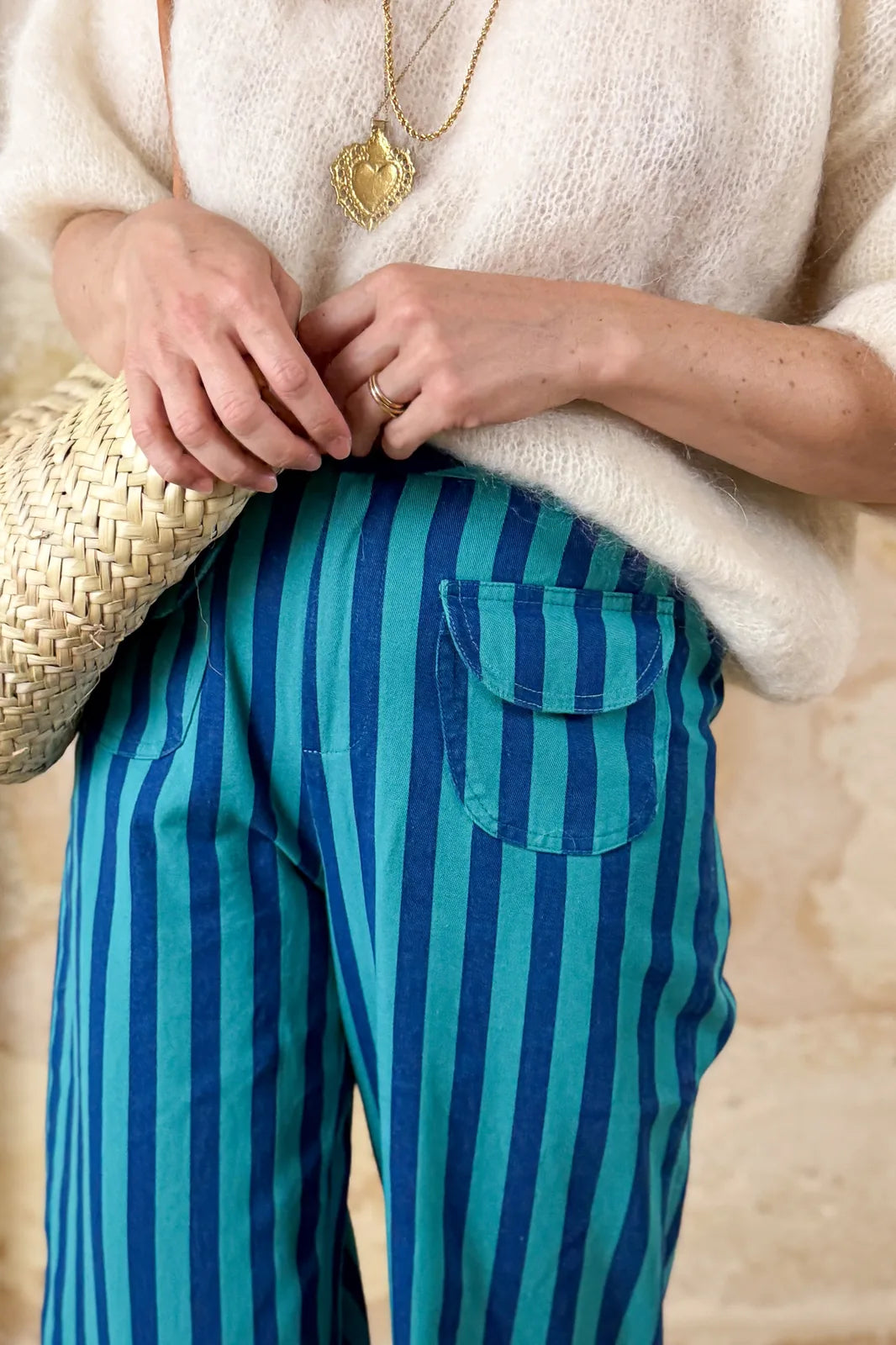 Pantalon Henri à rayures bleues et vertes en coton — Bling Paris