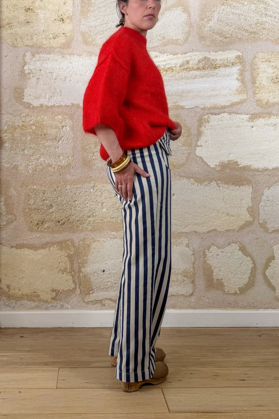 Pantalon Henri à rayures bleues et écru en coton — Bling Paris